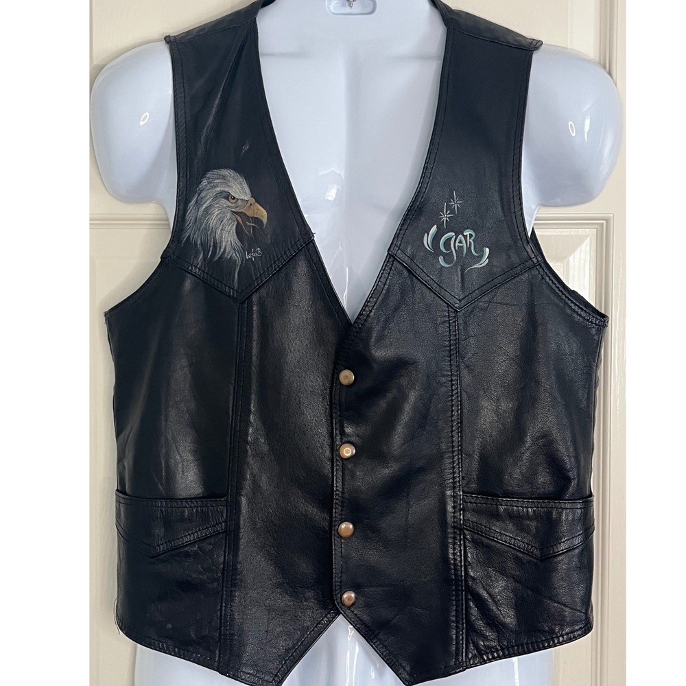 Vtg Leather Biker Vest Airbrushed Eagles in Flight Mountain Sz Med name GAR